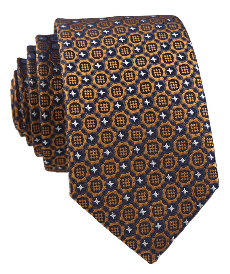 Ctskyte Slim Silk Necktie for Men Woven Jacquard Patterned Business Wedding Skinny Ties (Brass Patterned, One Size) - Image 1